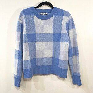 New Cashmere Project 100% Cashmere Buffalo Plaid Sweater Blue White Medium $316